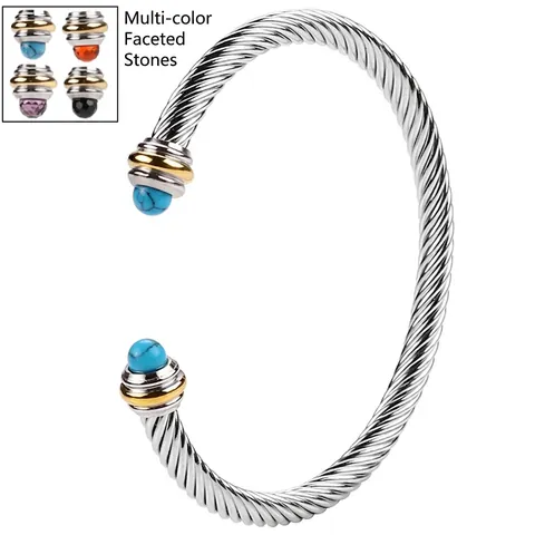 Bracelet Jonc À Câble Torsadé En Acier Inoxydable Bicolore Flexible Réglable En Forme De C Avec Pierres Pour Femmes