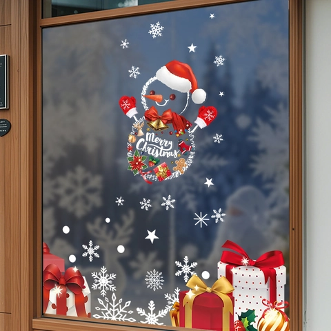 Christmas Snowman Snowflake Window Stickers Electrostatic PVC Decals Double Sided Reusable Glass Door Decoration