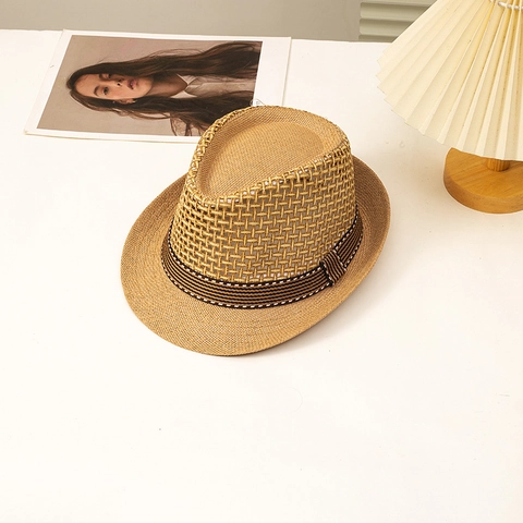 Chapeau Fedora Classique En Paille Tissé Creux Respirant Casquette Jazz Avec Ruban Rayé Protection Solaire Style Panama Rétro
