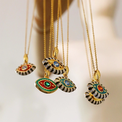 Stainless Steel 18K Gold Plated Evil Eye Pendant Necklace Enamel Dopamine Jewelry Rhinestone Inlaid Hip Hop Clavicle Chain For Women Men