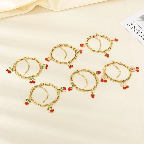 Double Layer Anklet Stainless Steel 18K Gold Plated Enamel Strawberry Cherry Fruit Pendant Adjustable Foot Jewelry For Women