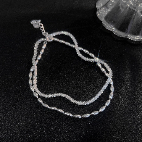 Double Layer Bracelet Silver Plated Copper Rice Beads Sparkling Elegant Fashion Jewelry For Women