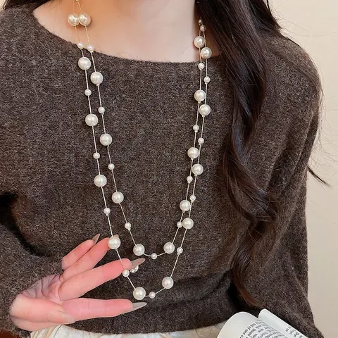 Long Artificial Pearl Necklace Double Layer Multi Size Glass Artificial Pearl Gold Alloy Chain Sweater Chain French Retro Elegant Jewelry For Women