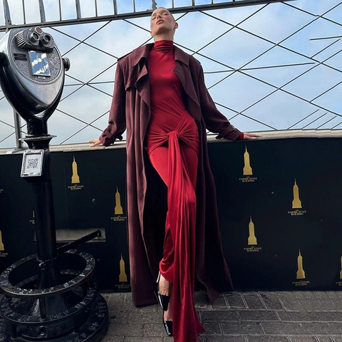 Abito Maxi A Maniche Lunghe Con Collo Alto Da Donna Aderente Tinta Unita Poliestere Nodo In Vita Drappeggiato Sexy Elegante