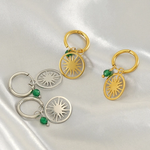 Pendientes De Aro Con Colgante De Sol Acero Inoxidable Chapado En Oro 18K Con Cuenta De Piedra Verde Joyería Bohemia Para Mujer