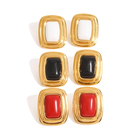 Geometric Rectangular Stud Earrings Stainless Steel Gold Plated Inlaid Hypoallergenic Retro Fashion Jewelry For Women