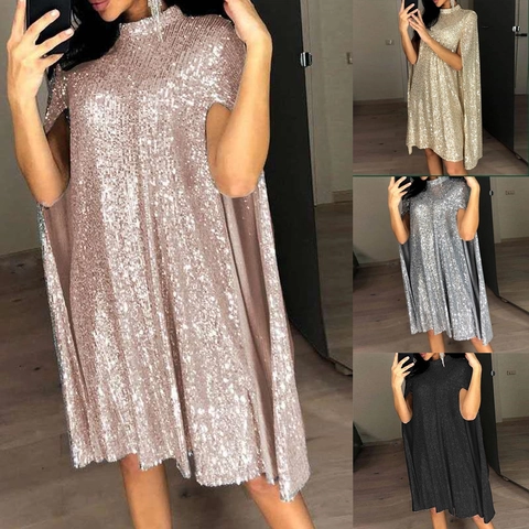 Women Elegant Polyester Sequin Dress Mock Neck Cape Sleeve Loose Midi Dress Sparkling Party Banquet Evening Dress