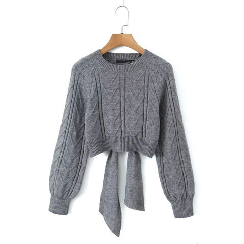Women Backless Cable Knit Sweater Bow Tie Long Sleeve Cropped Top Sexy Elegant Solid Color Knitwear