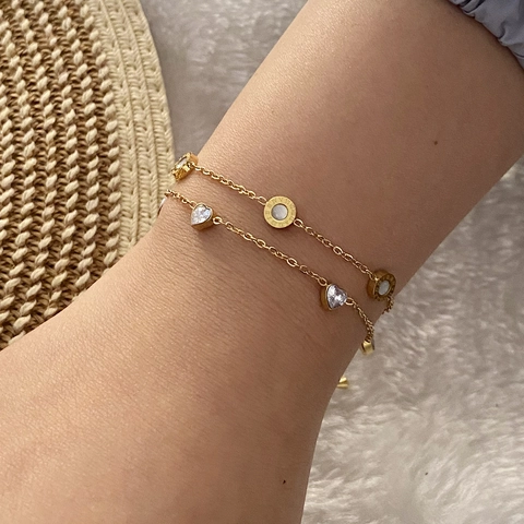 Bracciale Multistrato In Acciaio Inossidabile Oro Cuore Zircone Fiore Malocchio Numeri Romani Gioielli Donna Elegante