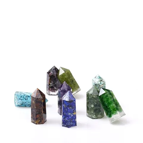 Handmade Resin Crystal Hexagonal Point Tower Natural Gemstone Chips Energy Obelisk For Yoga Meditation Home Office Decor