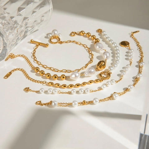Edelstahl Künstliche Perlenarmband Für Damen Vergoldet Künstliche Barockperle Geometrische Gliederkette Wasserdicht Eleganter Schmuck