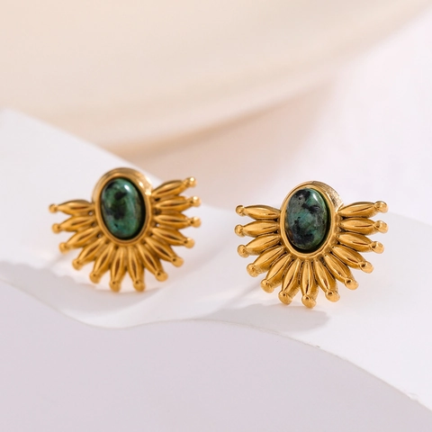 Vintage Sunburst Fan Stud Earrings Stainless Steel Gold Plated Inlaid Synthetic Tiger Eye Turquoise For Women