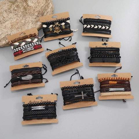 Braided Cowhide Leather Wax Rope Wood Bead And Alloy Charm Multilayer Vintage Wristband Bracelet