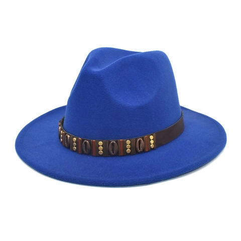 Vintage Wide Brim Fedora Hat Woolen Felt Jazz Cap With Leather Band Shell Metal Studs Bohemian Style For Men Women