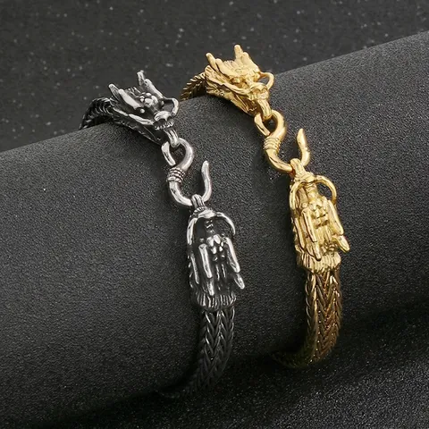 Pulsera De Dragón De Acero Inoxidable Doble Cabeza De Dragón Cadena De Hueso Trenzada Joyería Punk Retro Para Hombres