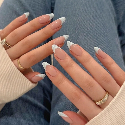 3D Water Ripple Press On Nails French White Edge Almond Shape ABS Resin Nude Jade Blue Fake Nails Fashion Beauty Accessory