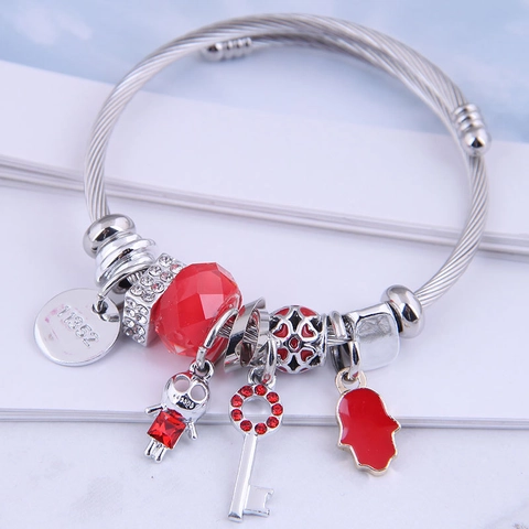 Women Stainless Steel Wire Cable Bangle With Alloy Hamsa Hand Key Crystal Charms Adjustable Vintage Ethnic Jewelry