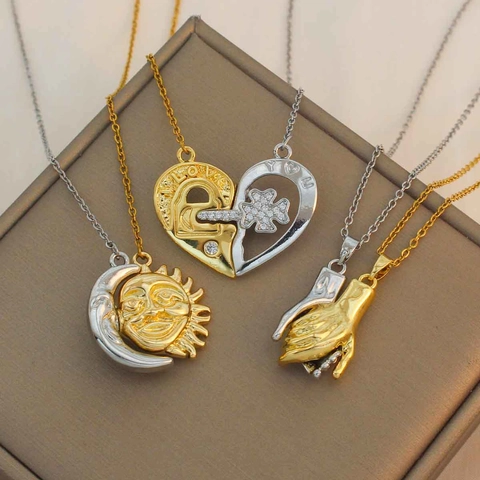 Titanstahl Kupfer Strass Herz Sonne Mond Hand Anhänger Halskette Für Damen Mode Gold Silber Überzogen Schlüsselbein Kette