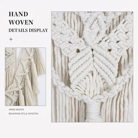 Boho Macrame Wall Hanging Handmade Cotton Rope Woven Tapestry With Wooden Stick Tassel Art Decor For Living Room