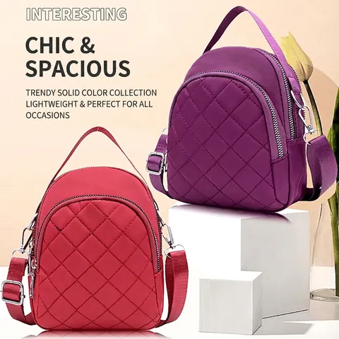 Quilted Nylon Crossbody Bag Mini Multi Layer Zipper Shoulder Handbag Lightweight Diamond Pattern For Women