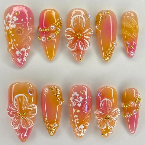 Uñas Postizas Ombre Rosa Naranja Con Flor Blanca 3D Perla Artificial Papel De Oro Larga Forma De Almendra Desmontable Manicura DIY Mujer