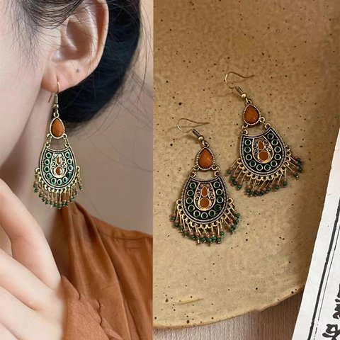 Orecchini Bohémien Vintage A Goccia D'acqua Con Perno In Argento Lega Design Traforato E Perline In Resina Colorate Nappa Stile Etnico