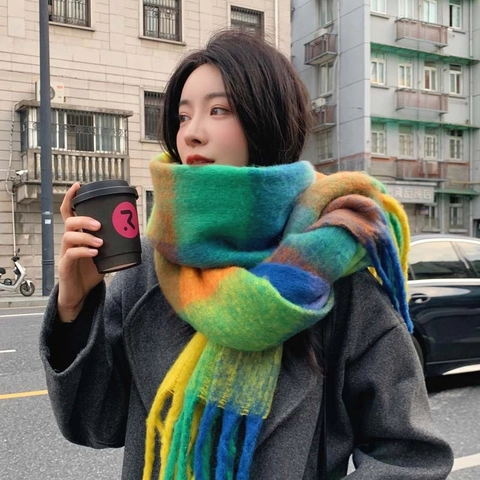 Mode Bunter Plaid Kettengewirkt Schal Damen Winter Verdickt Warm Quasten Lange Schal Stola Vielseitiger Polyester Schal