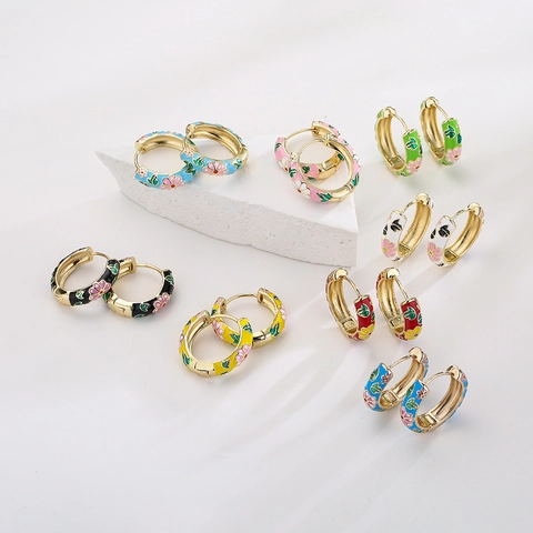 Copper Hoop Earrings 18K Gold Plated Colorful Enamel Floral Butterfly Patterns Small Design National Style For Women