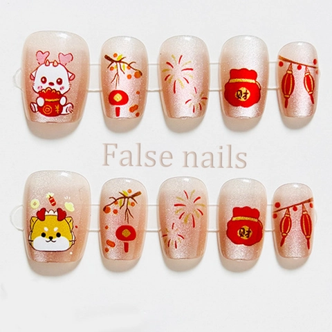 Press On Nails Short Cat Eye Shimmer False Nails Chinese New Year Dragon Fireworks Design Plastic For Women Lunar New Year Party