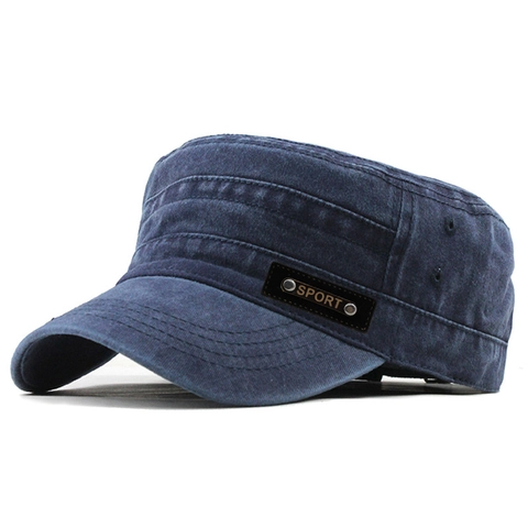 Washed Cotton Cadet Cap Flat Top Military Hat Adjustable Vintage Outdoor Casual Sport Style For Men Women