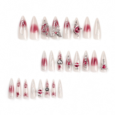 Stiletto Nägel Zum Aufpressen Weinrotes Ombre Mit Legierungsanhängern Schmetterling Herz Rote Strasssteine Gothic Punk Stil