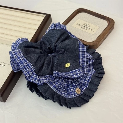 Vintage Blue Denim Plaid Patchwork Scrunchies Large Hair Ties With Bowknot Buttons French Style Ruffled Ponytail Holder