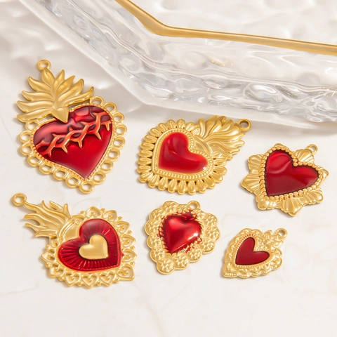 Sacred Heart Anhänger Edelstahl 18K Vergoldet Rot Emaille Gotik Barock Religiös Vintage DIY Schmuckherstellung