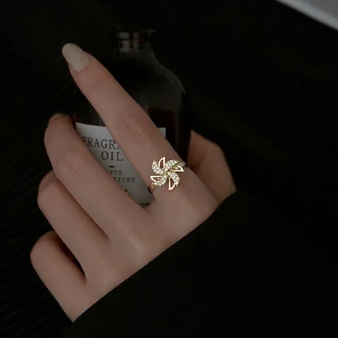 Anello Aperto Rotante Mulino A Vento Trifoglio Stella Rame Con Zircone Regolabile Gioielli Di Moda Eleganti Per Donne