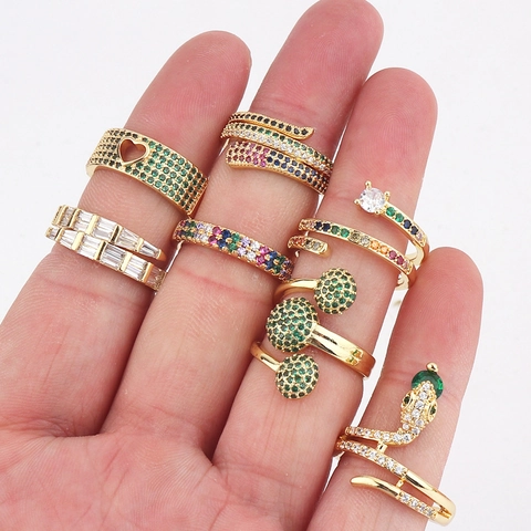 Fashion Snake Heart Shape Adjustable Open Rings Copper Gold Plated With Colorful Zircon For Women Elegant Jewelry