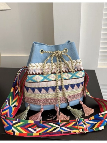 Ethnic Style Canvas Bucket Bag With Embroidery Tassels Colorful Wide Strap Bohemian Drawstring Crossbody For Women