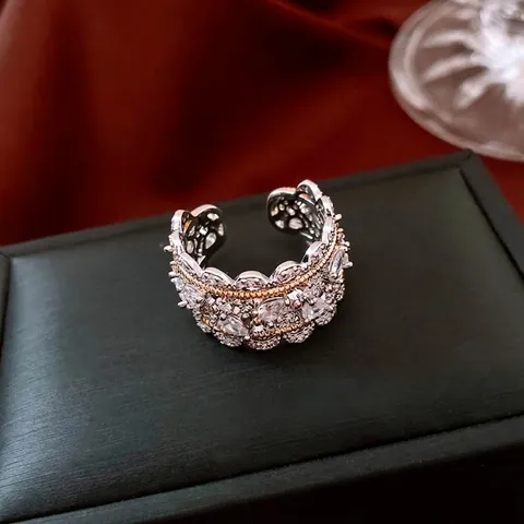 Hollow Lace Open Rings For Women Copper Adjustable Cubic Zirconia Vintage Baroque Light Luxury Index Finger Jewelry