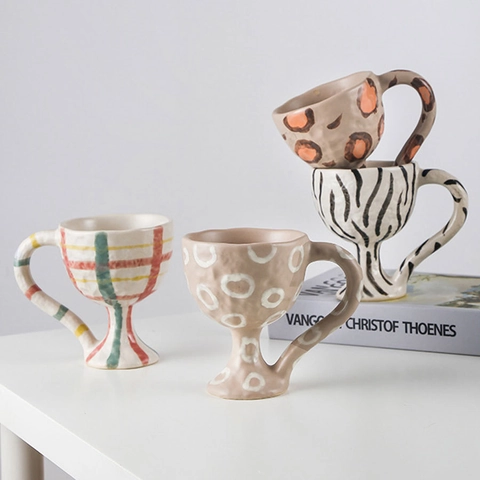Retro Hand Painted Ceramic High Foot Mugs Animal Print Zebra Leopard Coffee Cup Irregular Dessert Tray Home Decor Drinkware