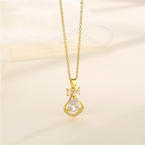 Collana A Goccia In Zircone Placcata Oro 18K Catena In Acciaio Inossidabile Ciondolo Con Fiocco Gioielli Moda