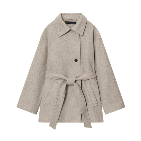 Cappotto da Donna in Lana Monopetto con Revers Media Lunghezza Tinta Unita Con Cintura Autunno Inverno Casual Streetwear Giacca