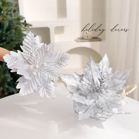 Künstliche Poinsettia Blumen Glitzer Stoff Kunststoff Dekoration Weihnachtsbaum Haus Party Funkelnd Elegant