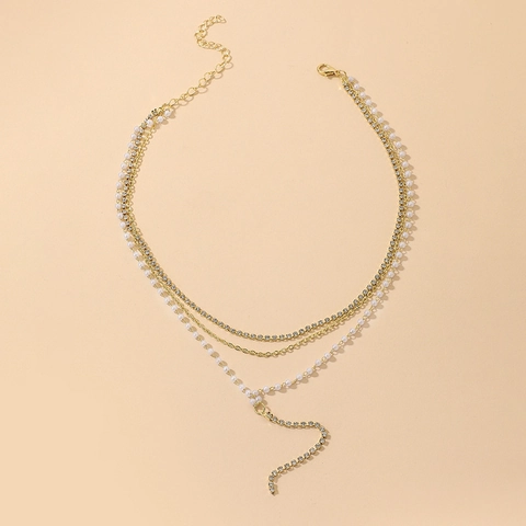 Elegante Mehrlagige Halskette Für Damen Mit Künstliche Perlenimitation Und Strass Quastenanhänger Goldton Modeschmuck