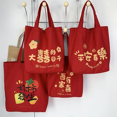 Borsa Tote In Tela Rossa Stile Cinese Regalo Di Nozze Borsa A Mano Stampata Shopping Pouch Per Occasioni Festive