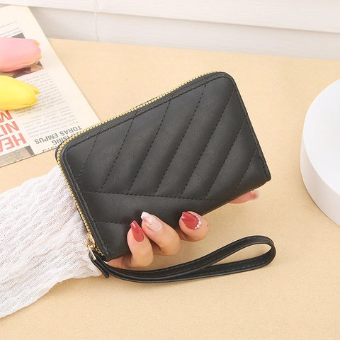 Women Zipper Wallet Chevron Quilted PU Leather Wristlet Clutch Purse Fashion Solid Color Handy Card Holder