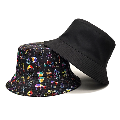 Kerst Bucket Hat Polyester Tweezijdig Zonbescherming Vrolijk Kerstfeest Gelukkig Nieuwjaar Print Zwart Voor Heren Dames