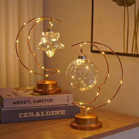 LED Moon Star Night Light Iron Metal Decorative Lamp Battery Operated Warm White For Christmas Bedroom Home Decor
