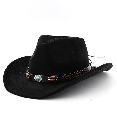 Cappello Da Cowboy Western Scamosciato Tesa Larga Stile Etnico Retro Con Fascia In Pelle Turchese Perline Legno Uomo Donna