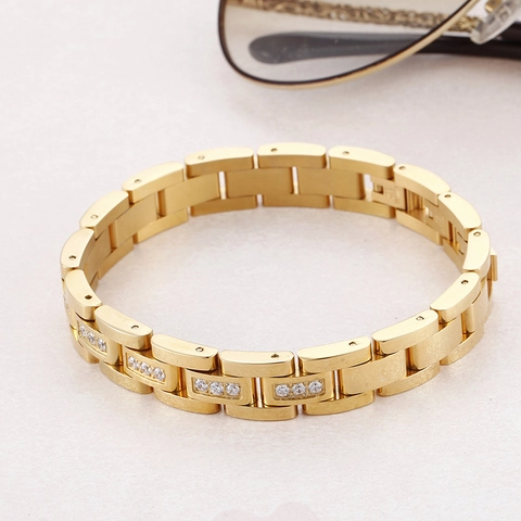 Hip Hop Watch Strap Chain Bracelet Stainless Steel 18K Gold Plated Inlaid Cubic Zirconia Adjustable Unisex Jewelry