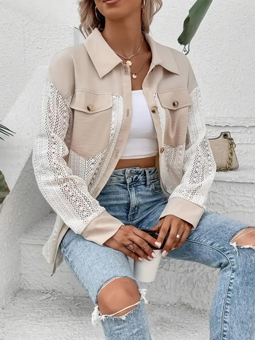 Dames Blouse Kant Patchwork Lange Mouwen Revers Overhemd Beige Elegant Casual Kantoor Boho Vintage Polyester Top