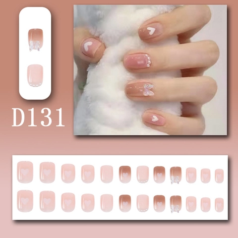 Pink Gradient Press On Nails Sweet Heart Bow Artificial Pearl 3D Butterfly Short Square Round Decorative Fake Nail Tips